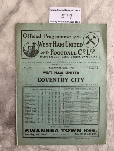 36/37 West Ham v Coventry City Football Programme: League match dated 27 2 1937 with no team changes. Light folding.