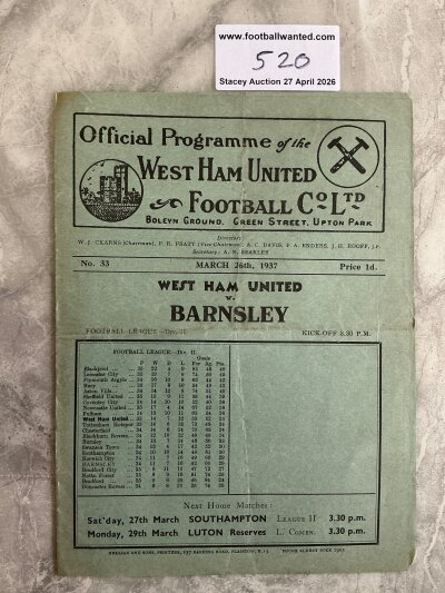 36/37 West Ham v Barnsley Football Programme: League match dated 26 3 1937 with no team changes. Light folding.