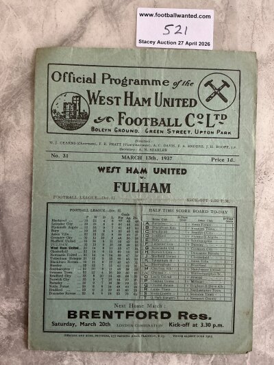 36/37 West Ham v Fulham Football Programme: League match dated 13 3 1937 with no team changes. Light folding.