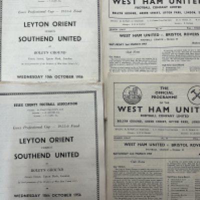 56/57 West Ham Football Programmes: 20 of the home match v Bristol Rovers and 20 of the Essex Professional Cup Final Leyton Orient v Southend at Upton Park. Very good. (40)