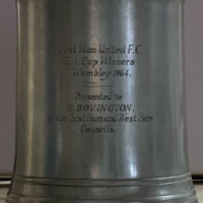 West Ham Eddie Bovington Football Tankard: Awarded to player at the civic receptions to honour West Hams first FA Cup success. Rare item believed to be pewter.