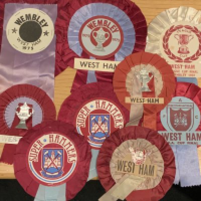 West Ham Football Rosettes: Nine rosettes to include the 1975 FA Cup final and the 1981 League Cup final. (9)