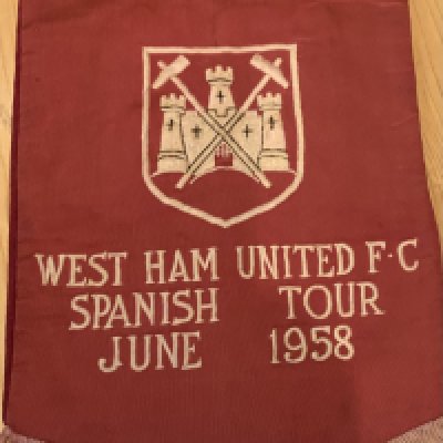 West Ham 1958 Football Pennant: Rare pennant intended for exchange on a Spanish tour in 1958. The tour was cancelled as the number of games to be played was reduced from four down to two. Pennant measures approximately 14x9 inches. 