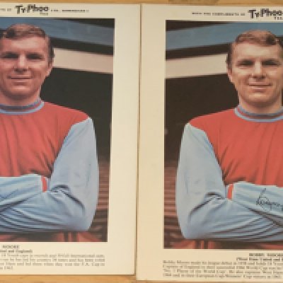 West Ham Football Cards and Pennants: Including a rare reversed Moore TyPhoo card image. Nine 1970s caricature cards featuring Charles Grotier Robson Bonds McDowell Holland Robson Lampard and Brooking. Two World Cup Moore and Hurst pennants. Typhoo cards have duplicates and some have pin holes. Four autographs on the West Ham team group (19)