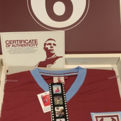 West Ham Bobby Moore Boxed Football Shirt: 50th Anniversary of debut shirt in box number 264 of 544. 