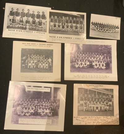 West Ham Team Group Football Photos: Late 60s press photo signed to rear by 5, thick card issued by club for staff for match in 1962 v Southern Rhodesia. Club issue photos from 74/75, 75/76, 63/64 plus a reproduction 34/35 + 35/36. Very good. (7)