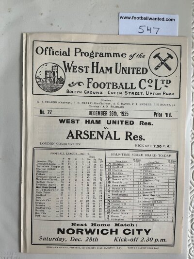 35/36 West Ham v Arsenal London Combination Football Programme: Excellent condition ex bound with no team changes.