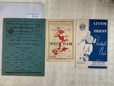 West Ham 1940s Reserves Football Programmes: 46/47 home v Tottenham in the LFA semi final. Aways at 48/49 Brentford (Combination)and Orient 50/51 (Combination Cup). Excellent. (3)