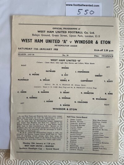 57/58:West Ham v Windsor + Eton Football Programme: Excellent condition single sheet Metropolitan League match dated 11 1 1958 with no team changes.