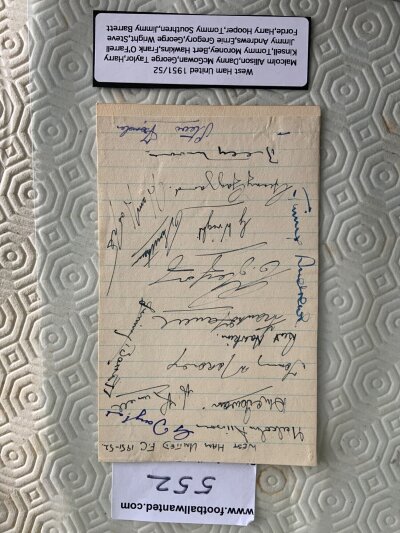 West Ham 51/52 Football Autographs: Lined page signed by 16 including Ernie Gregory Harry Hooper and Frank OFarrell. Full list of signatures pictured online.