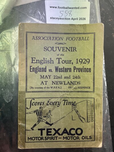 1929 English FA Tour To South Africa Guide Book: 22 page guide listing fixtures and English players touring etc. Back page has strip missing not affecting any text. There is tape also. Unusual item with instructions to sell.