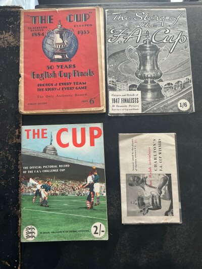 FA Cup Final Football Publications: Original 1933 66 page booklet with tearing on spine named 50 Years Of The Cup 1884-1933. C/W a similar booklet produced in 1948 named The Cup. There are also two publications involving Charlton which is The Story Of The Cup 1947 and a smaller Don Welsh Introduces Charltons FA Cup winners. Good. (4)