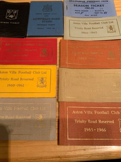 Football Season Ticket Books: Includes a run of Aston Villa books from 60/61 to 66/67 plus Leeds 63/64 promotion season, Gillingham 61/62 and Derby 72/73. (10)