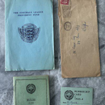 Maurice Cook 63/64 Fulham Personal Football Memorabilia: Membership card, Rule book and his Football League Provident Fund booklet which never got filled out. Original envelope addressed to him at his home in Watford for whom he used to play. Cook played 221 times for Fulham scoring 89 times. (4)