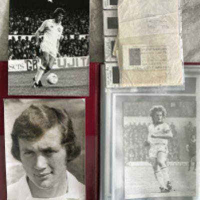 Leeds United Press Football Photos: Folder containing 20 black and white mainly large press photos mainly from the 80s and 90s. C/W over 30 negatives from the 79/80 season. 