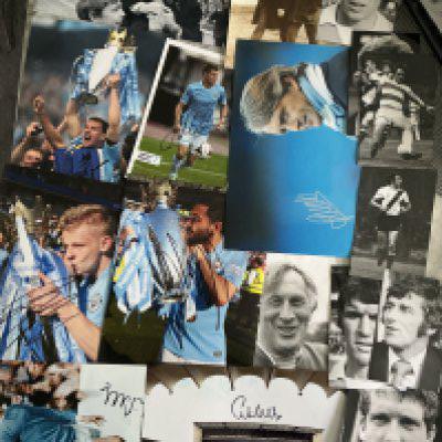 Manchester City Football Photos: Includes signed reproduction photos of Tony Book Colin Bell James Milner and others. C/W a few unsigned small press photos mainly without stamps to rear. (19)