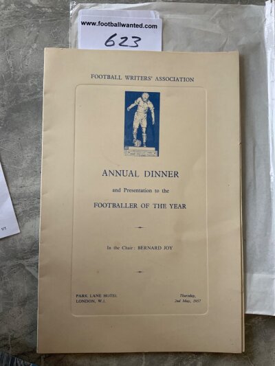 1957 Footballer Of The Year Preston Menu: Football Writers annual dinner at the Park Lane Hotel in which Tom Finney was the winner for the second time. All previous winners listed to rear. Good.