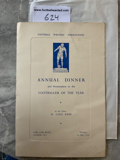 1958 Footballer Of The Year Tottenham Menu: Football Writers annual dinner at the Park Lane Hotel in which Danny Blanchflower was the winner. All previous winners listed to rear.