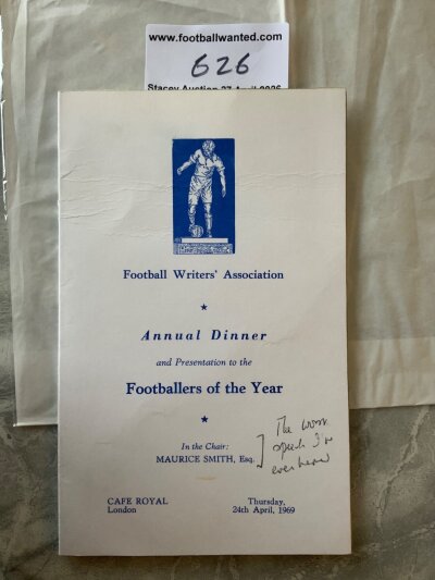 1969 Footballer Of The Year Manchester City + Derby Menu: Football Writers annual dinner at the Cafe Royal in which Tony Book and Dave Mackay were the winners. All previous winners listed to rear. Writing to cover.