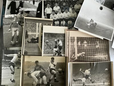 Football Press Photos: Mainly 60s and 70s to include Machin Norwich, P Thompson Liverpool, M England Wales, C Barrett + J Barron Notts Forest, R Marsh QPR and more all having press stamps. There are more which appear mainly to be wired press photos. (25)
