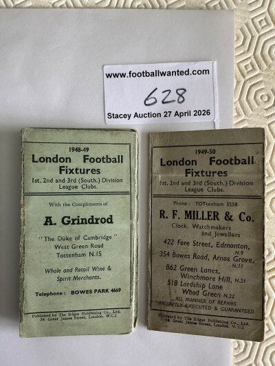 1940s London Club Fixture Cards: 48/49 issued by Grindrod and a further from 49/50 by Miller covering fixtures of all 11 London clubs. (2)