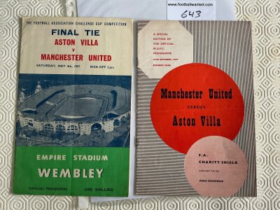 1957 Manchester United v Aston Villa Final Football Programmes: FA Cup Final and Charity Shield both very good with no team changes or tokens missing. (2)