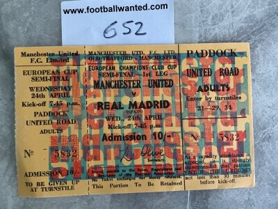 1968 European Cup Semi Final Complete Football Ticket: Manchester United v Real Madrid complete ticket with counterfoil attached for match at Old Trafford on 24 4 1868.