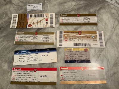 Arsenal v Manchester United Football Tickets: 8 different tickets for matches played at The Emirates from 2007 to 2020. One pair of tickets are same date but different styles. Good. (8)
