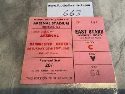 65/66 Arsenal v Manchester United Football Ticket: Division 1 match dated 25 9 1965 in very good condition. Tiny mark to rear.