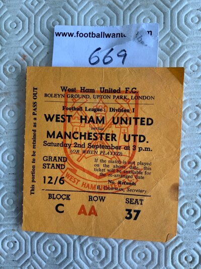 1967/68 West Ham v Manchester United Football Ticket: Used ticket dated 2nd September in good condition other than small stain to the lower right edge.