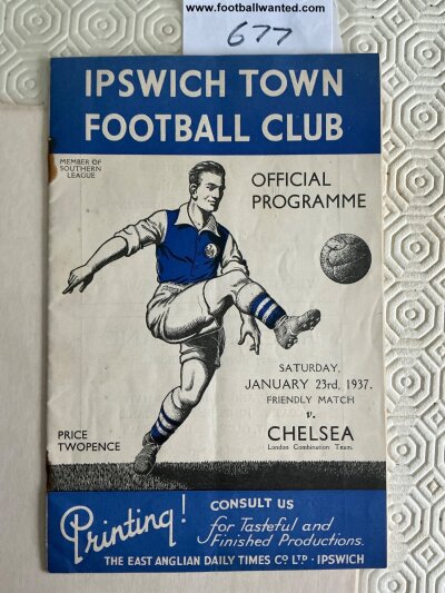 36/37 Ipswich Town v Chelsea Football Programme: 16 page friendly in good condition dated 23 1 1937 with no team changes. Staples rotted away leaving rust marks.