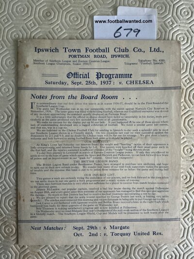 37/38 Ipswich Town v Chelsea Football Programme: 4 page card for friendly in very good condition dated 25 9 1937 with no team changes. Very hard to obtain.