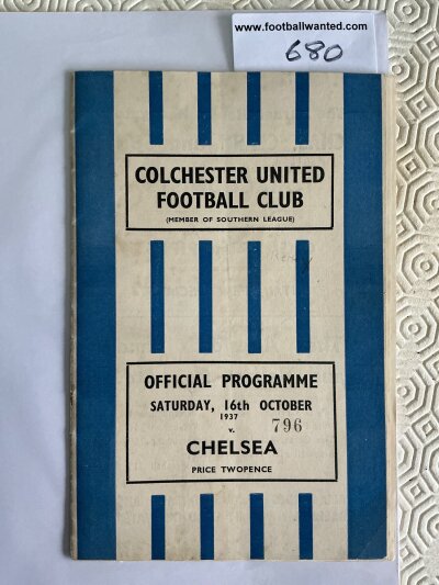37/38 Colchester United v Chelsea Football Programme: 10 page friendly in good condition dated 16 10 1937 with no team changes. Score and scorers noted and a few tear repairs. Staples removed not rotted away.