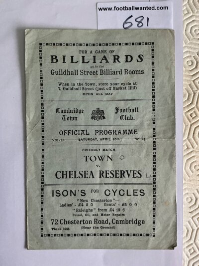 36/37 Cambridge Town v Chelsea Reserves Football Programme: 4 page friendly in good condition dated 10 4 1937 with no team changes. Pencilled score to cover. Fold.