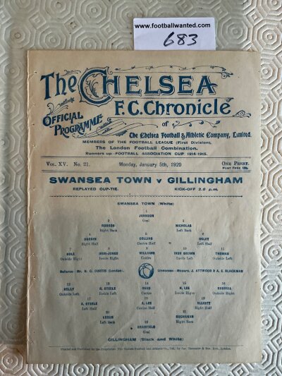 1919 - 1920 Swansea v Gillingham At Chelsea Football Programme: Ex bound FA Cup replay single sheet in excellent condition dated 5 1 1920 with no team changes.