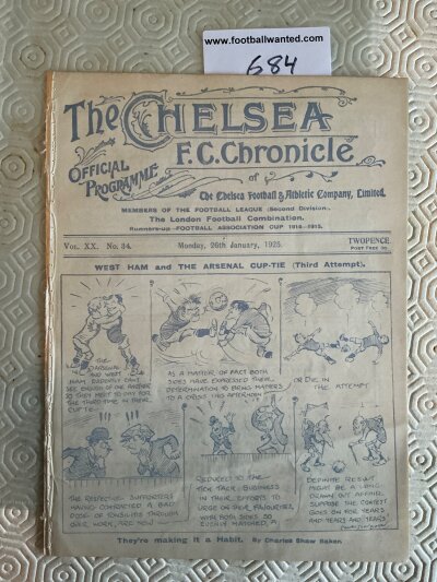 1924 - 1925 West Ham v Arsenal At Chelsea Football Programme: Ex bound 8 page FA Cup replay in excellent condition dated 26 1 1925 with no team changes.