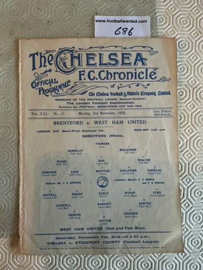 1925 - 1926 West Ham v Brentford Replay At Chelsea Football Programme: Ex bound single sheet London FA Charity Cup semi final replay in excellent condition dated 2 11 1925 with no team changes.