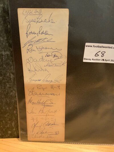 England 1962 World Cup Football Autographs: Two pages (not back to back) with 16 players and trainer Shepherdson. Includes Charlton, Flowers, Wilson, Douglas and Springett.