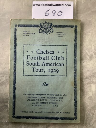 Chelsea 1929 South American Football Tour Itinerary: Rare itinerary from the famous tour with members of the tour party listed with full list of matches and movements from May 1st until arriving back at Tilbury on July 26th. Numbers written to rear and results of matches noted inside. Good. 10 postcards of the tour included which are reproduction.