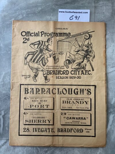1929 - 1930 Bradford City v Chelsea Football Programme: Division Two match dated 30 11 1929 in good condition with no team changes. Folding.