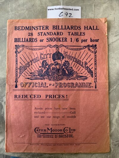 1928 - 1929 Bristol City v Chelsea Football Programme: Division Two match dated 22 9 1928 in fair/good condition with no team changes. Small tear to staple area.