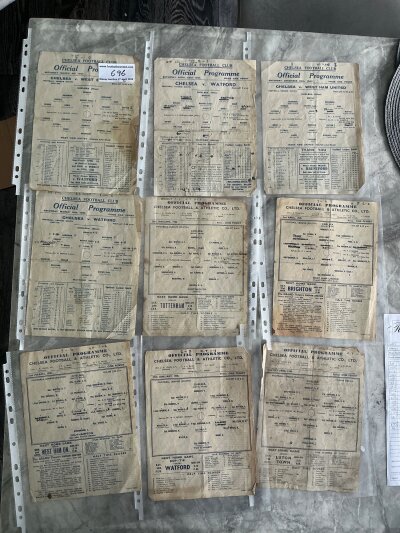 Chelsea Home War Time Football Programmes: From 43/44 Watford + West Ham both League + Cup, 44/45 Southampton, West Ham, Millwall, Portsmouth, Tottenham. League matches unless stated in overall fair condition with writing folding and sometimes a bit of wear to edges. (9)