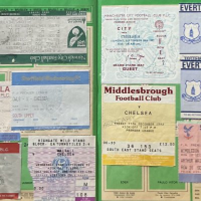 Chelsea Football Memorabilia: Four 1970s Chelsea FC autograph books containing many players signatures. Three scrapbooks packed with match tickets, menu cards, Christmas cards etc back to the 1970s. Chelsea 7 inch singles, press photographs, season ticket booklets etc. (1 box)