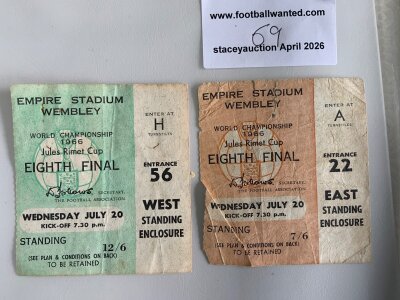 1966 World Cup England v France Football Tickets: Both the green version and the more common beige ticket. Green ticket has folding and has marks with beige ticket having a tear and being very creased. (2)