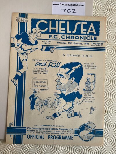 39/40 Chelsea v Tottenham Football Programme: Excellent condition league match dated 24 2 1940 with lightly pencilled team changes.