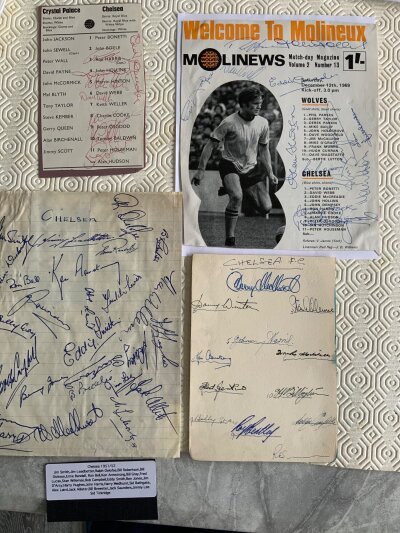 Chelsea Football Autographs: 51/52 squad on lined page with separate index naming players. C/W an autograph page in the format of a team line up with 11 autographs to include Bentley and Gray. Also included is a cut out from a 70/71 team line up signed by 8 and 69/70 x 11 both stuck down. (4)