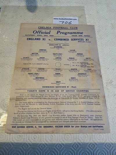 43/44 England X1 v Combined Sevices Football Programme: Played at Chelsea on 29 4 1944 with both teams having some big names of the era playing. Fold but no writing. Players include Raich Carter Frank Swift Tommy Lawton Stan Cullis Joe Mercer Ted Ditchburn and Compton.