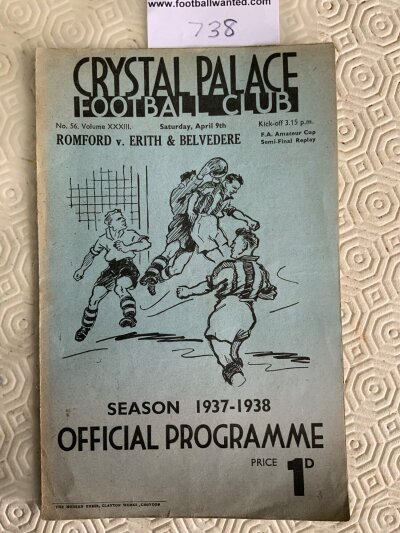 37/38 Amateur Cup SF Replay Romford v Erith + Belvedere: Football programme for replay played at Crystal Palace. Good condition 4 pager with pencilled writing.