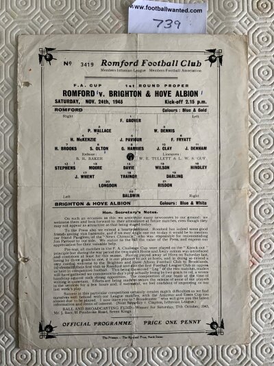 45/46 Romford v Brighton FA Cup Football Programmes: Harder to obtain 1st round match. Single sheet has two punch holes and folding but no team changes.