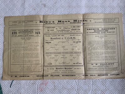 Romford 29/30 First Match At Brooklands Football Programme: Newly founded Romford who folded in 1920 made their league comeback at home in this league match v UGBM. Fair condition gatefold programme has folding a tiny hole and a footprint but no team changes. Piece of history. C/W 37/38 Redhill in excellent condition and 34/35 Hardwick + Parkeston division final which has wear. (3)